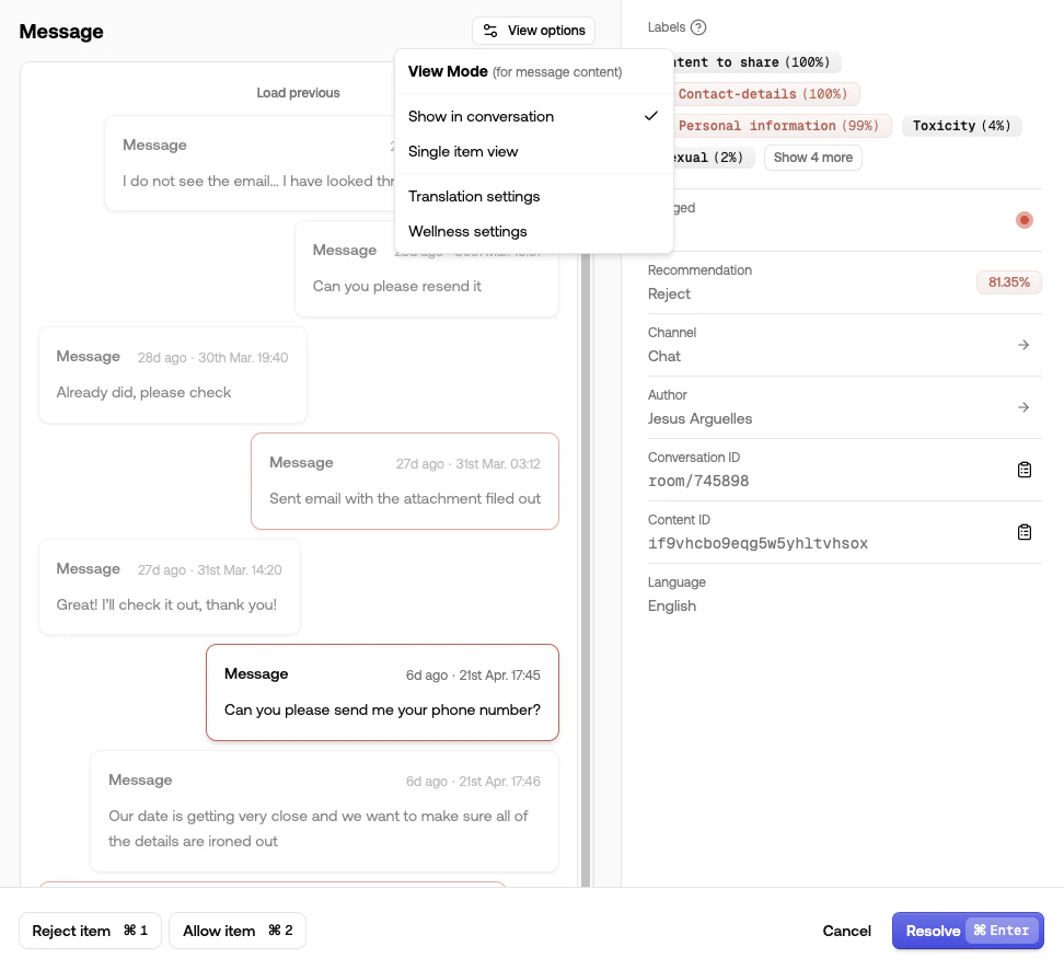 Conversation view within an item's detail