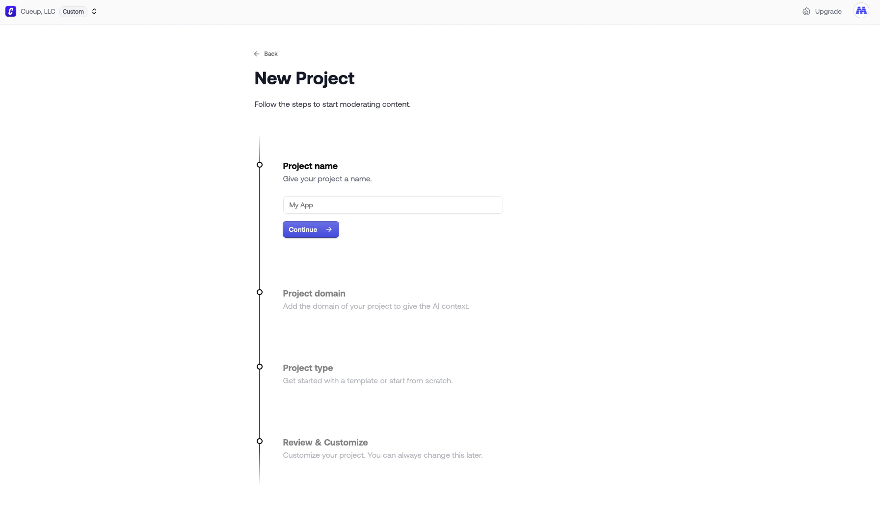 New project flow with steps for project name, domain, type, and review