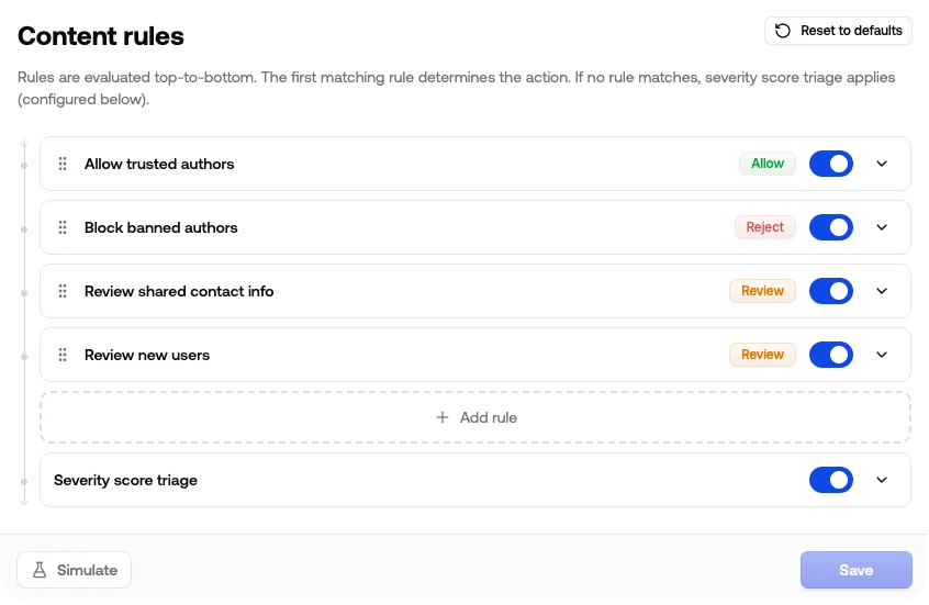 Content rules page showing four rules in evaluation order with the severity score triage fallback at the bottom
