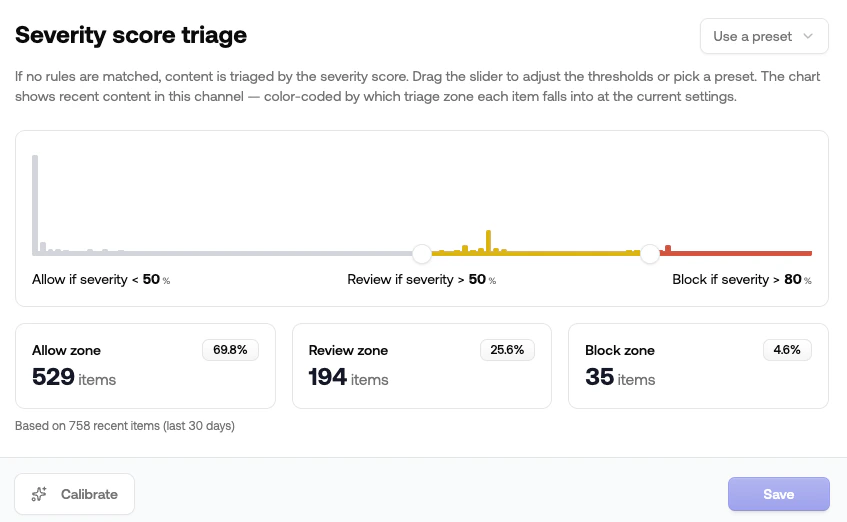 Severity score triage card with histogram and dual-handle slider