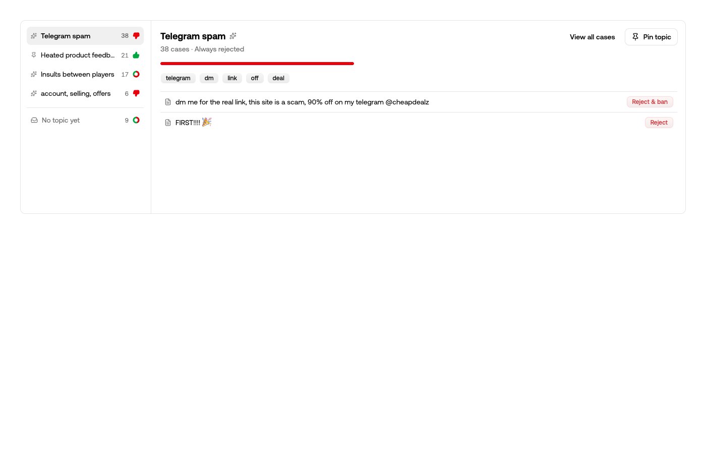 The topics browser: a topic tree on the left, and the selected topic's cases, keywords, and ruling tendency on the right