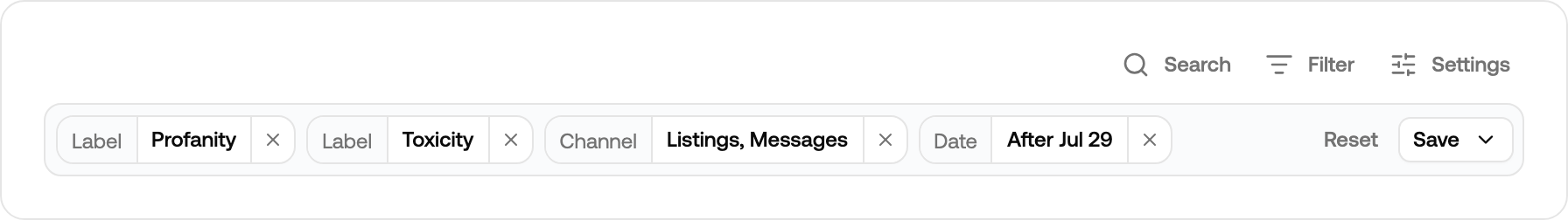 Filter bar with filter chips and the Save dropdown used to create a view
