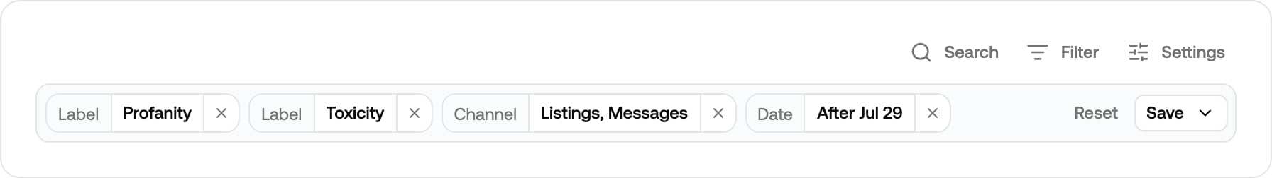 Filter bar with filter chips and the Save dropdown used to create a view
