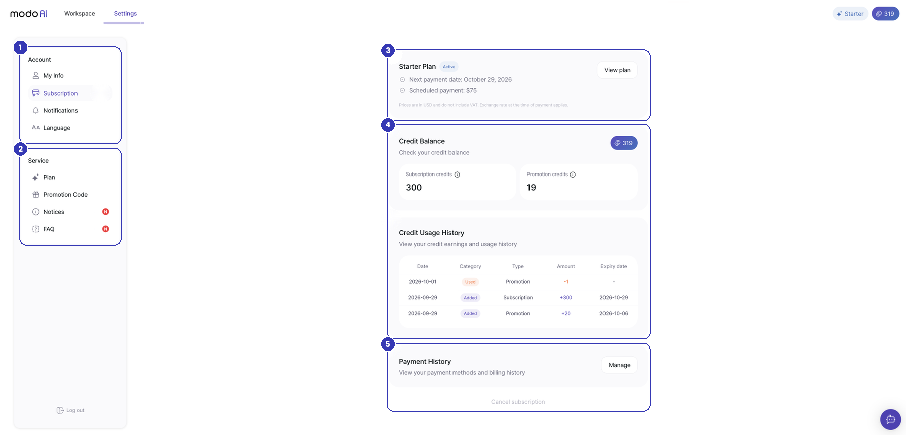 Settings > Subscription screen