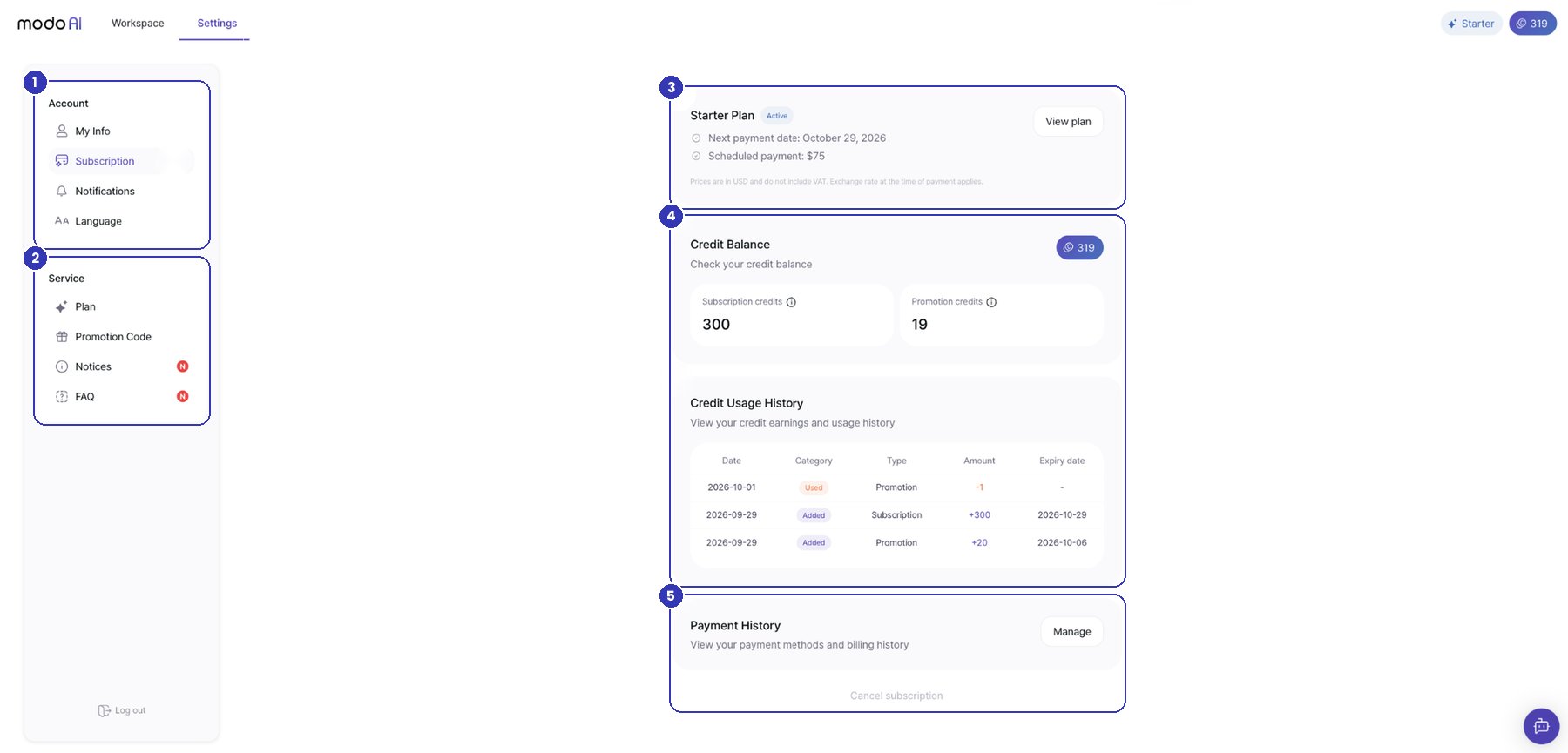 Settings > Subscription screen