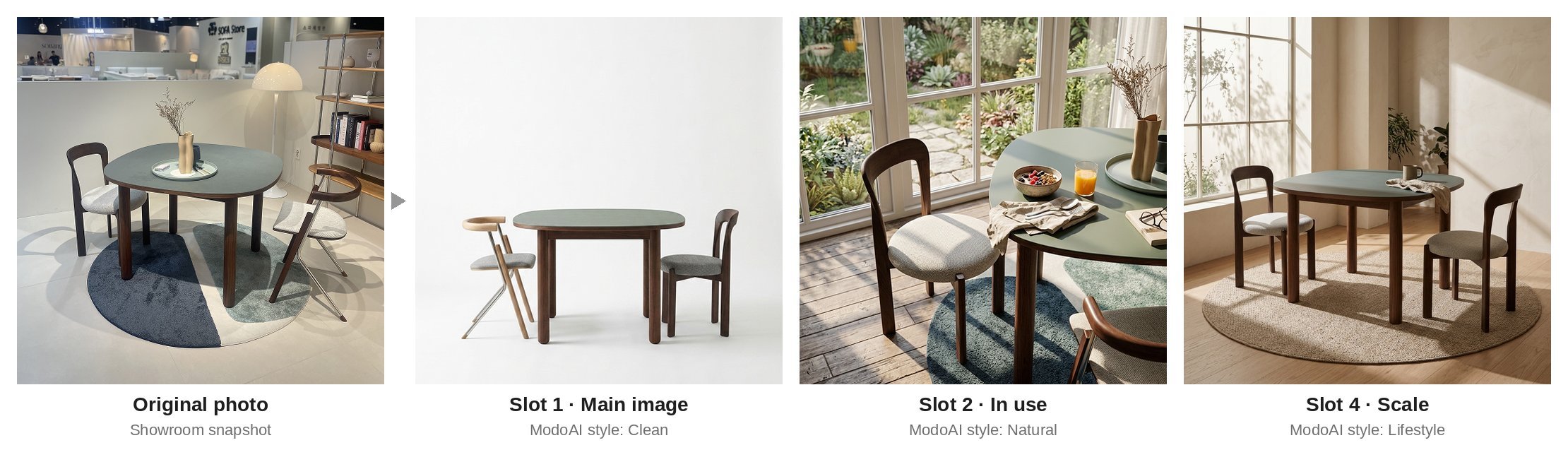 A dining table shown four ways: the original showroom photo, a white background main image, a breakfast scene by a garden window, and the table with two chairs in a sunlit room.