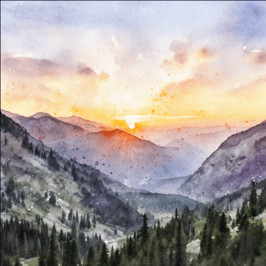 Image-to-image output: the mountain landscape transformed into a watercolor painting.