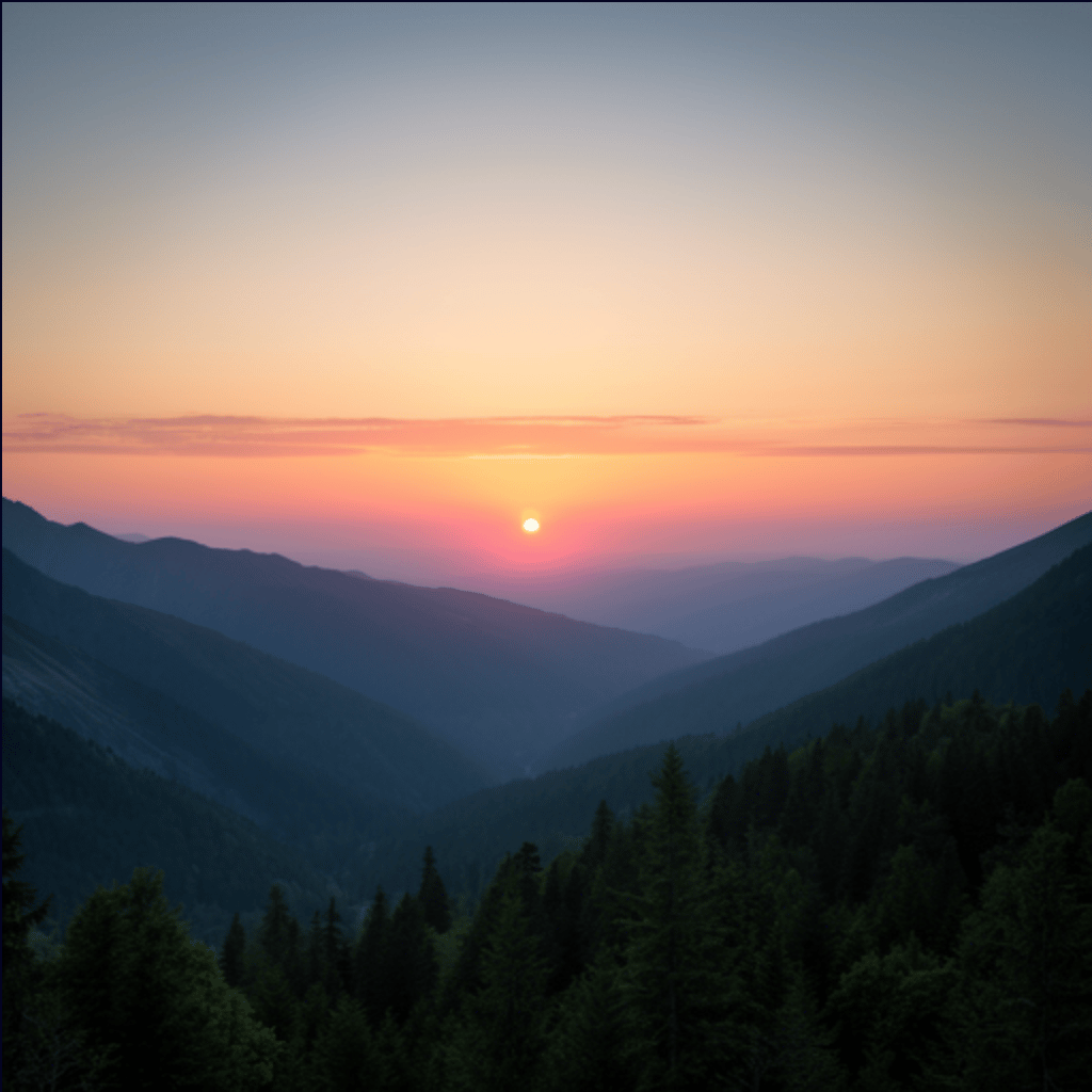 Text-to-image output: a serene mountain landscape at sunset.