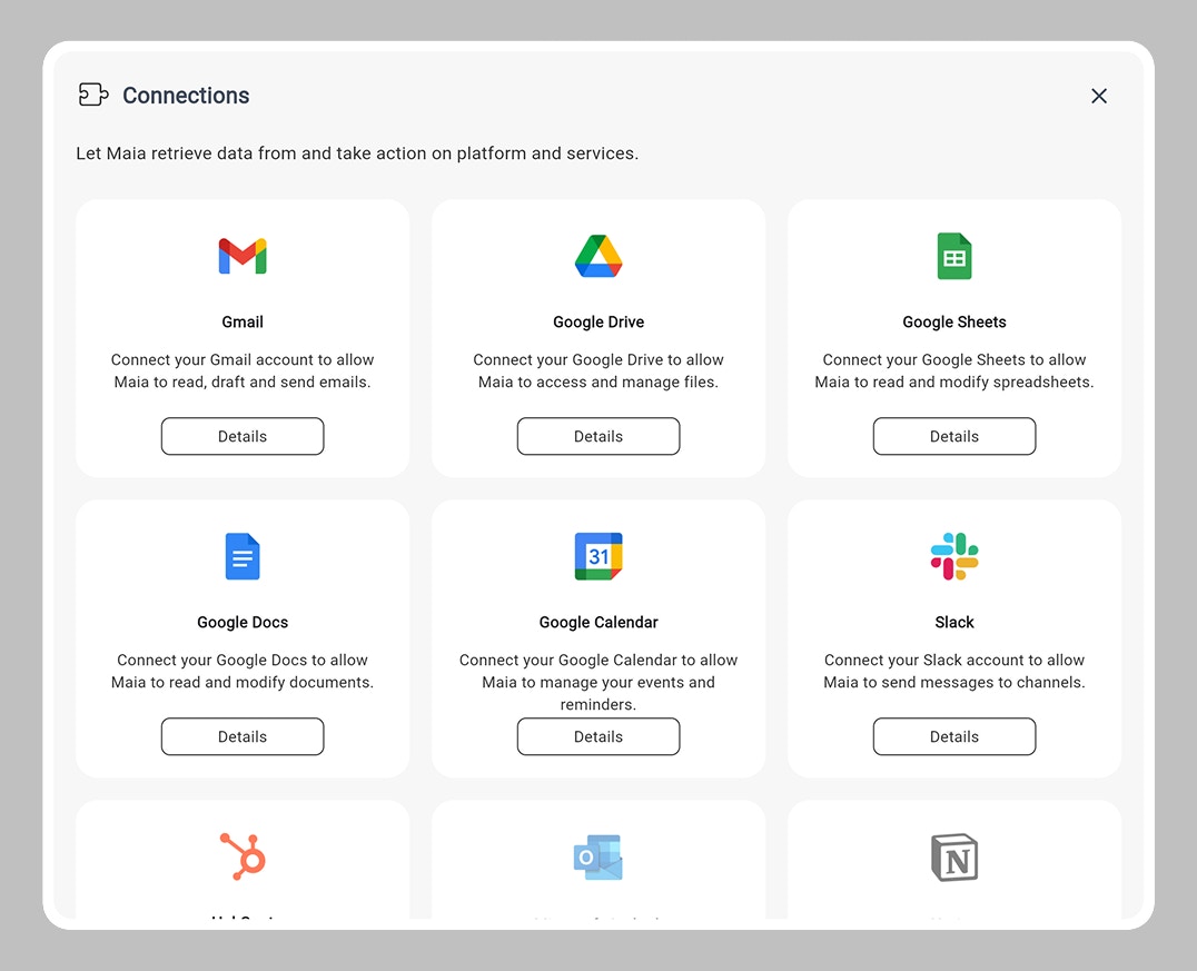 Connections settings in Maia