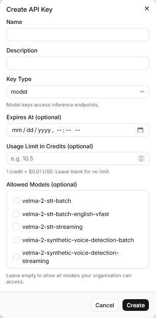 API key creation screen