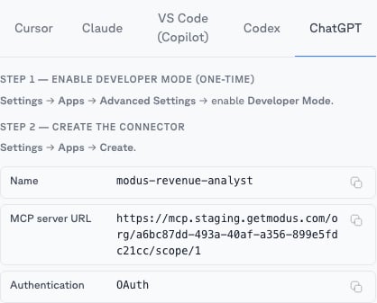 ChatGPT tab on a scope's MCP tab with the connector Name and MCP server URL fields and developer-mode steps