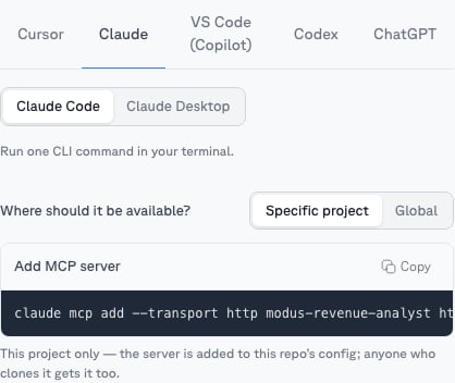 Claude tab on a scope's MCP tab showing the claude mcp add command for a single scope