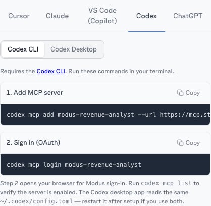 Codex tab on a scope's MCP tab with the codex mcp add command for a single scope