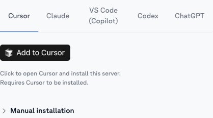 Cursor tab on a scope's MCP tab with the Add to Cursor one-click install button