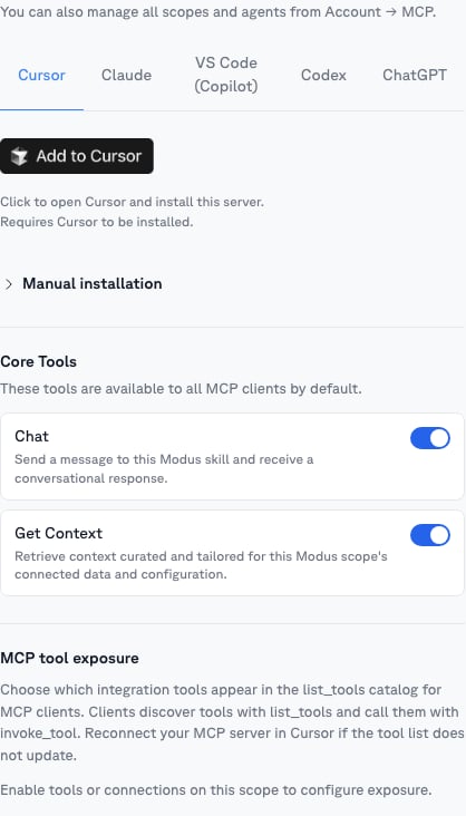 A published scope's MCP tab: per-host install tabs, Core Tools (Chat, Get Context), and MCP tool exposure