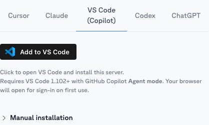VS Code (Copilot) tab on a scope's MCP tab with the Add to VS Code install button