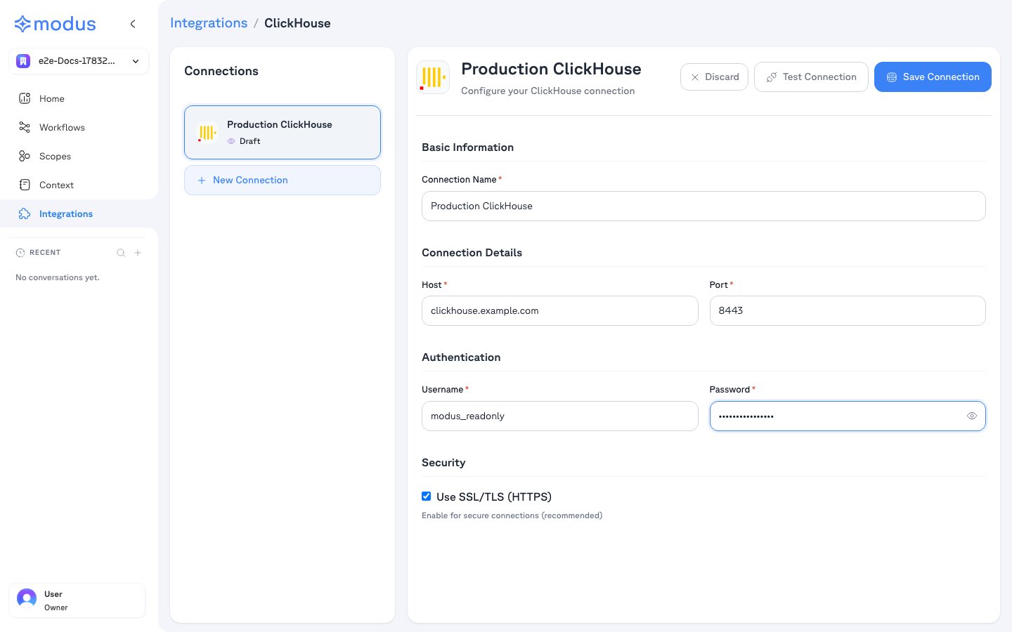 Modus ClickHouse connection form