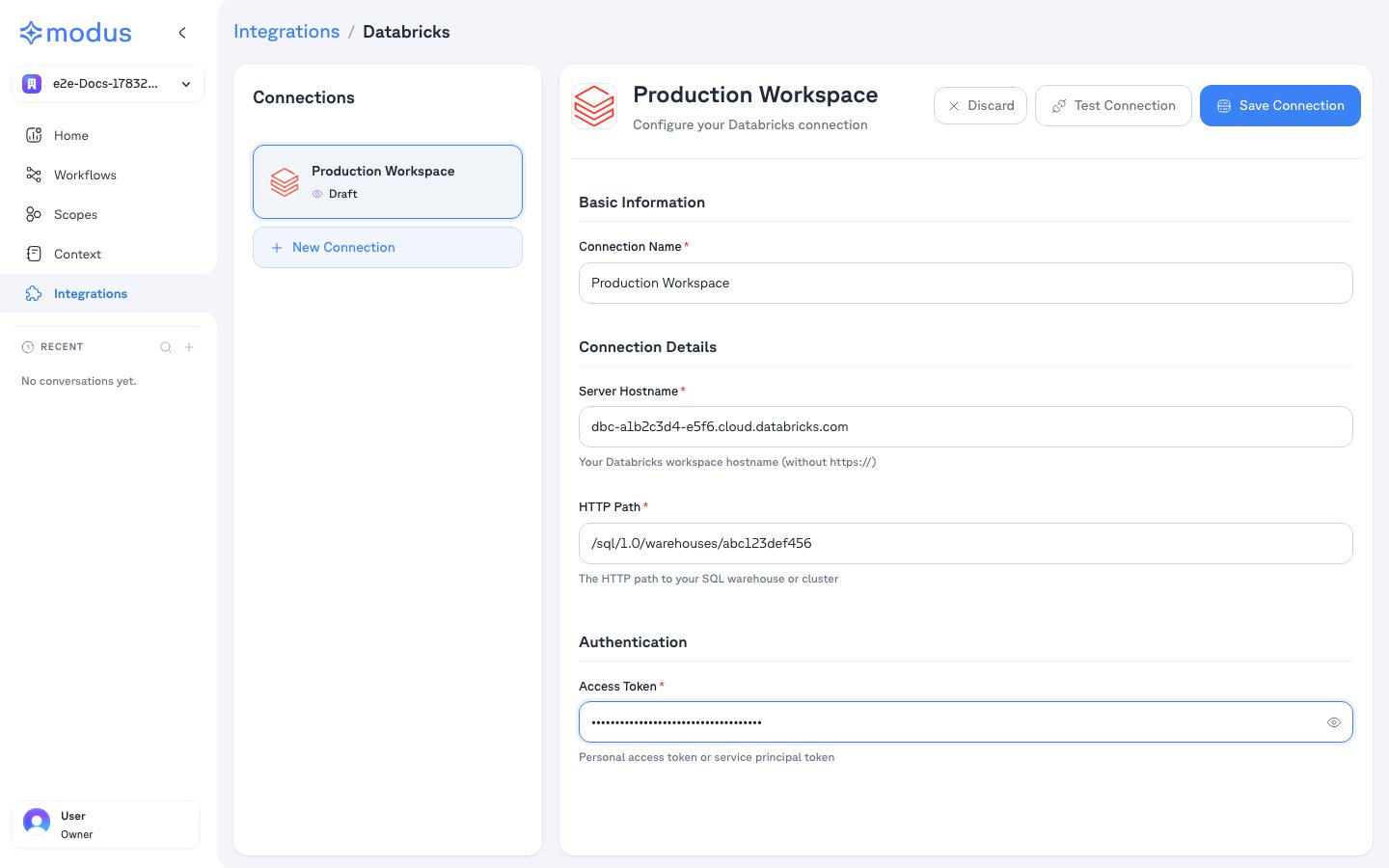 Modus Databricks connection form