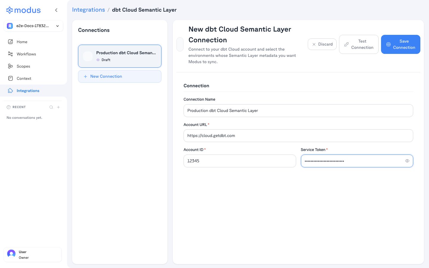 Modus dbt Cloud connection form