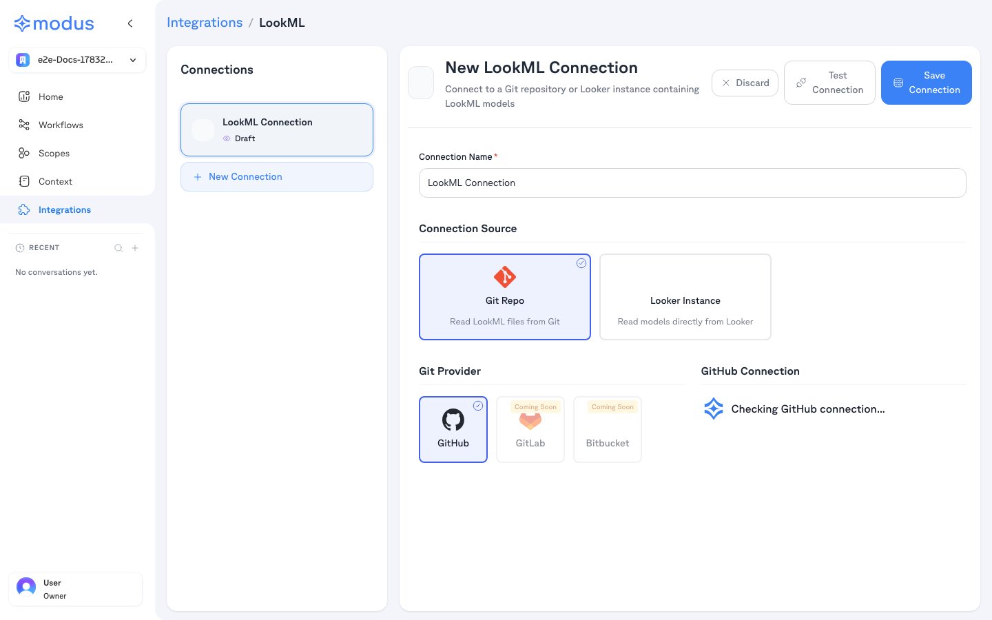 Modus LookML connection form