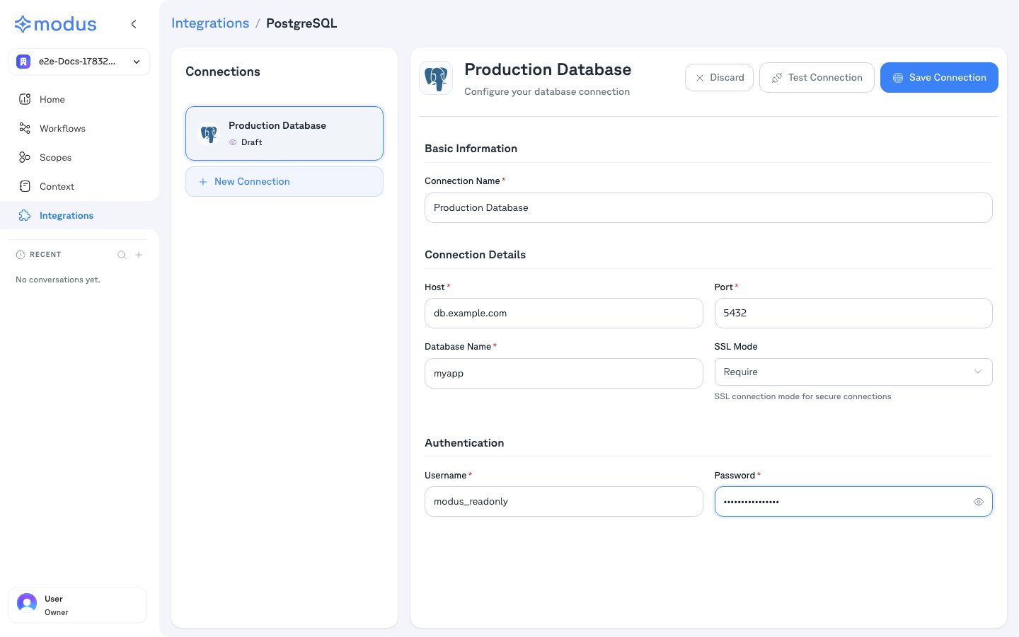 Modus PostgreSQL New Connection form