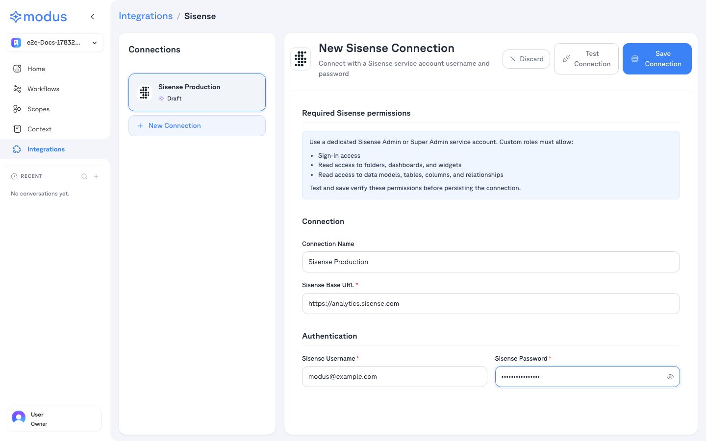 Modus Sisense connection form