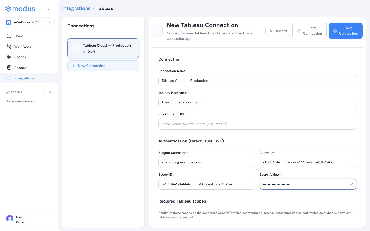 Modus Tableau connection form