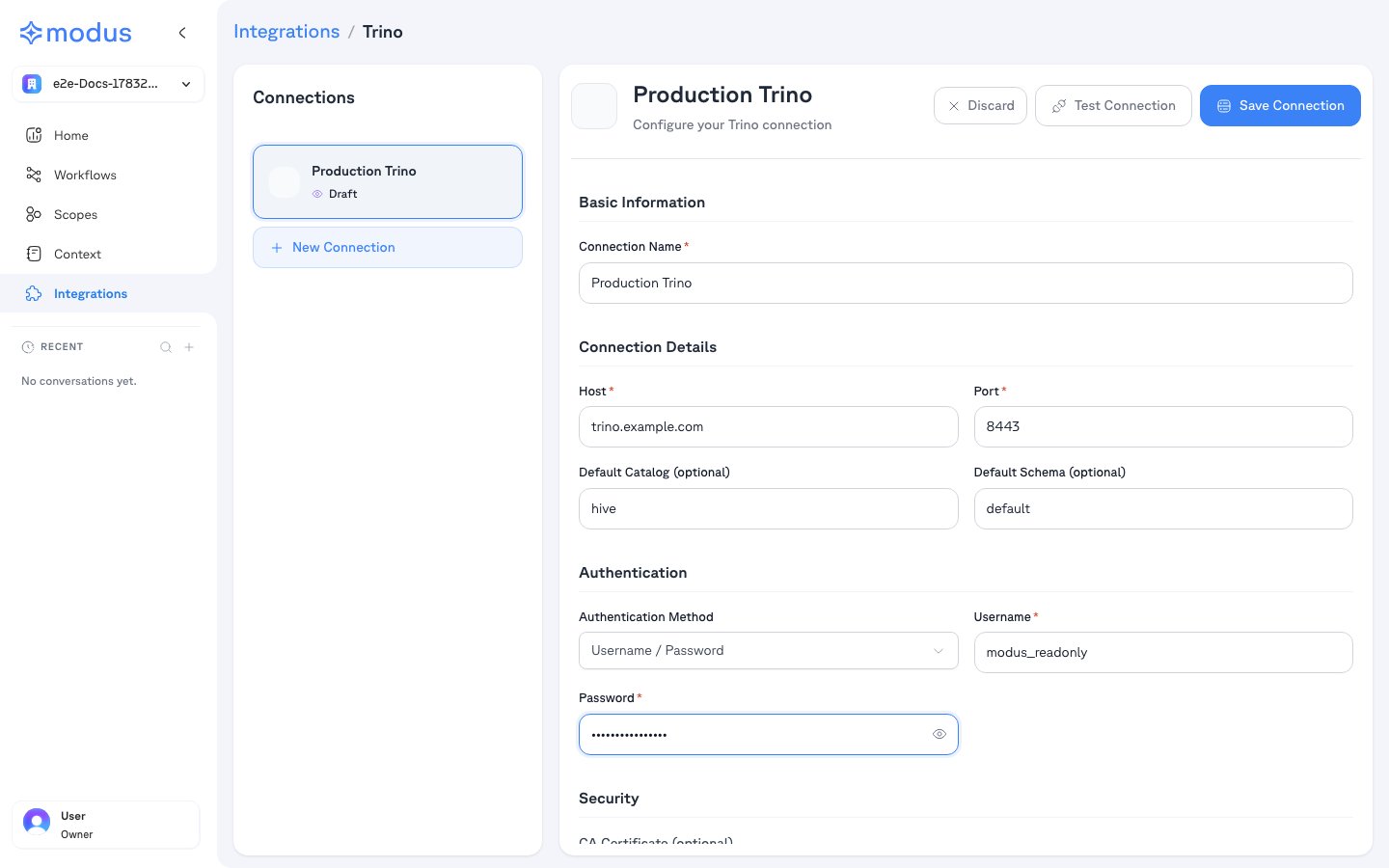 Modus Trino connection form