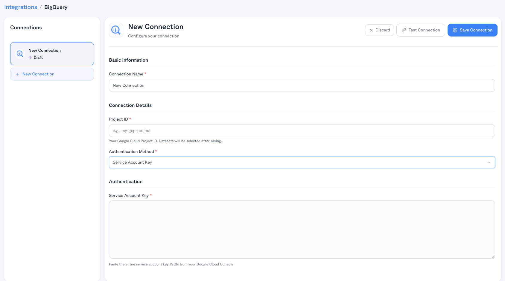 BigQuery connection form — Service Account Key