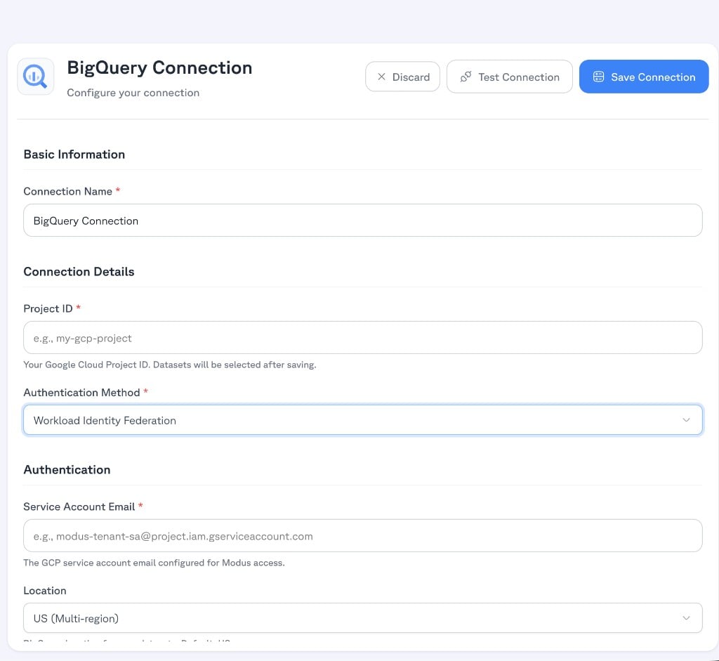 BigQuery connection form — Workload Identity Federation