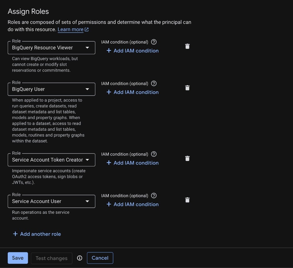 Service account roles — BigQuery Data Viewer, BigQuery Job User, BigQuery Resource Viewer