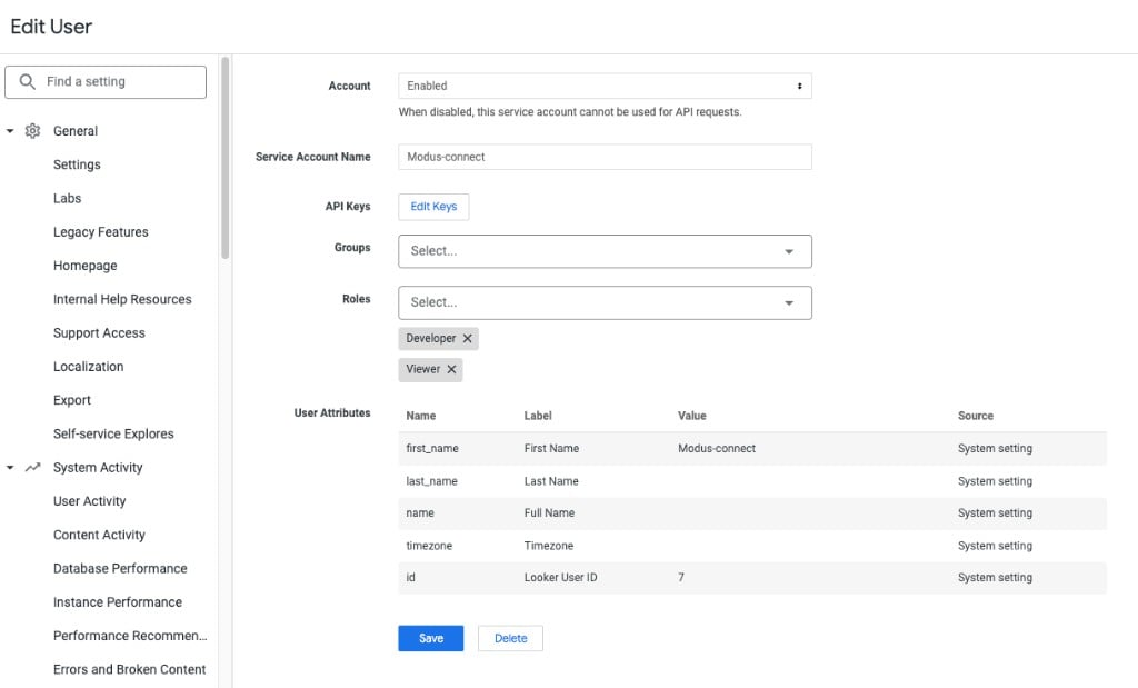 Looker service account with Developer and Viewer roles