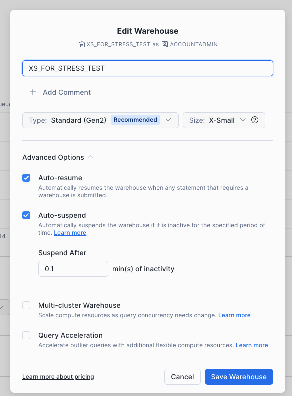 Recommended Snowflake warehouse settings for Modus
