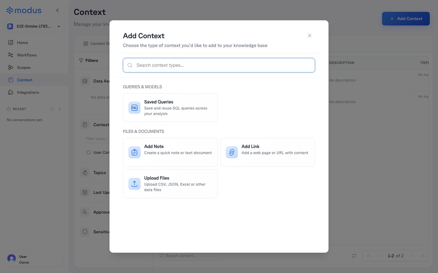 The Add Context modal offering Saved Queries, Add Note, Add Link, and Upload Files