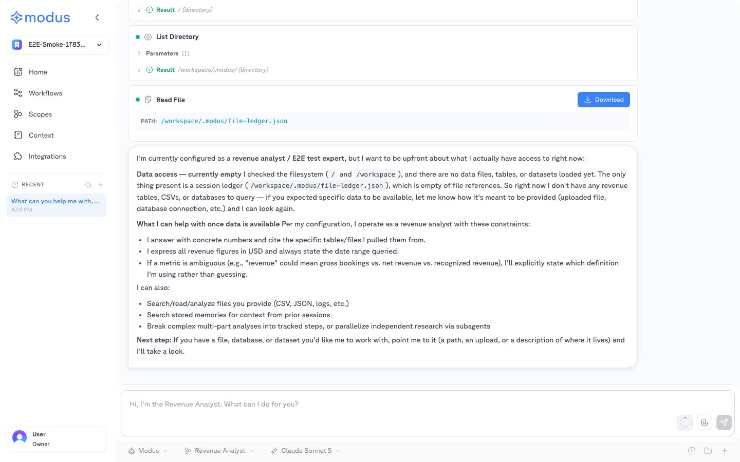 A Modus Home conversation showing the assistant using filesystem tools and answering