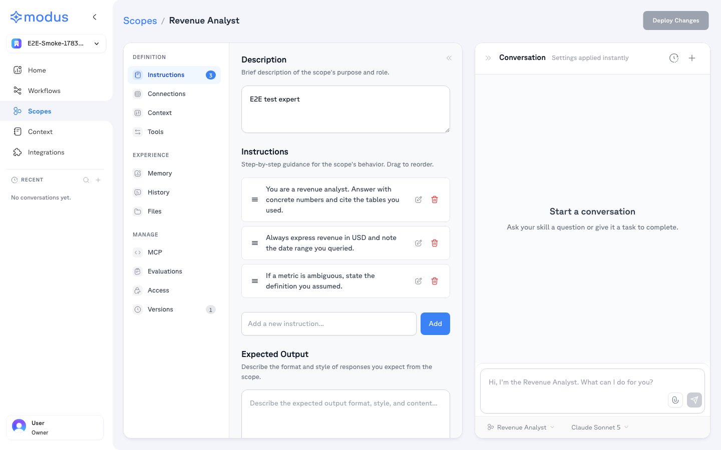 A scope's configuration page: Instructions tab with a description, ordered instructions, and a live test panel