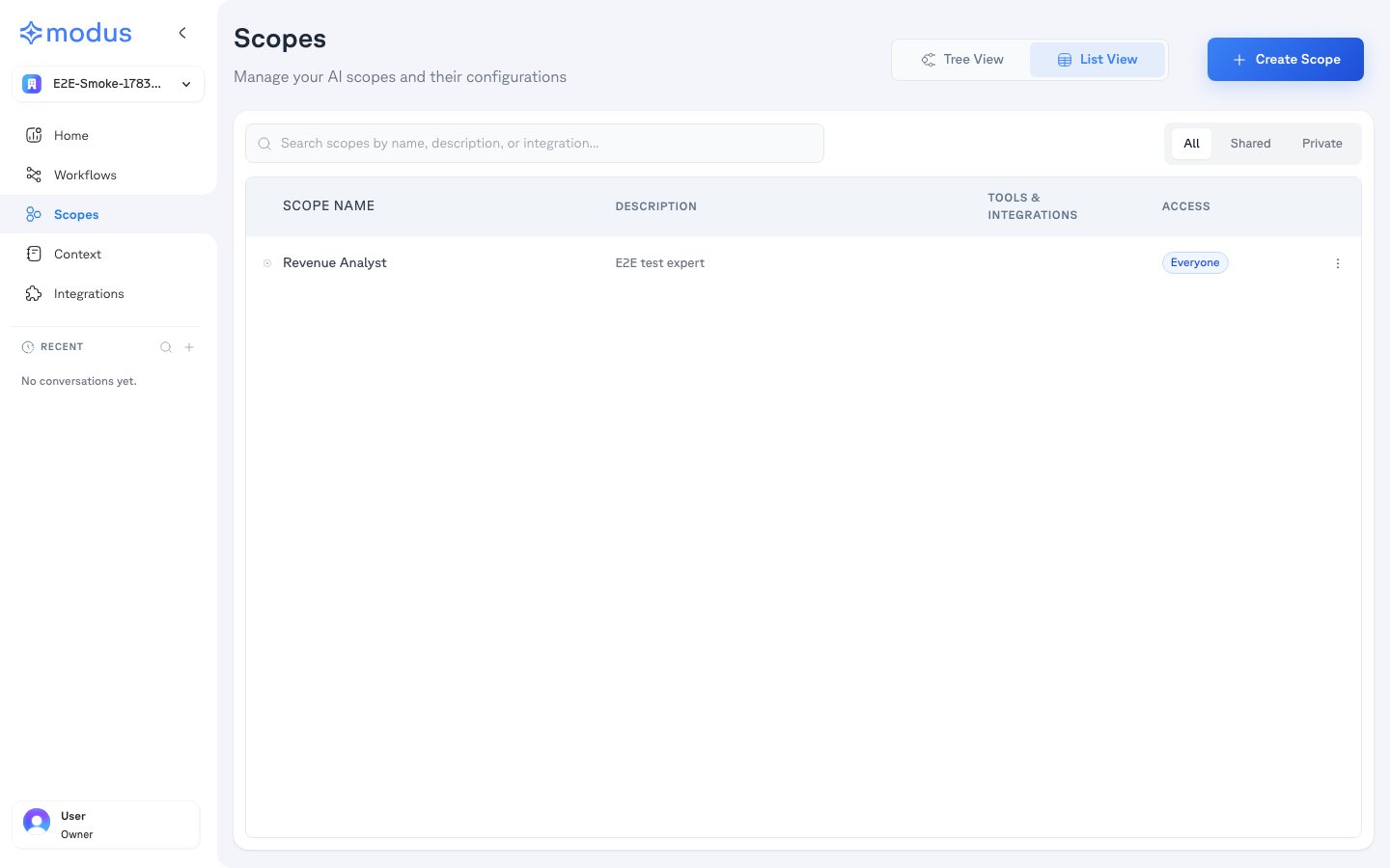 The Scopes list showing a published scope with search, view toggle, and visibility filters