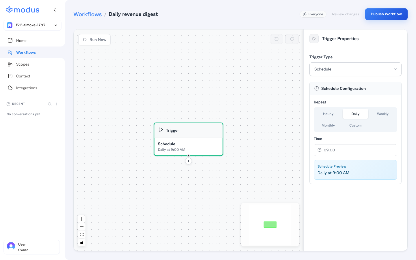 The workflow builder canvas with a scheduled trigger node and its schedule configuration panel