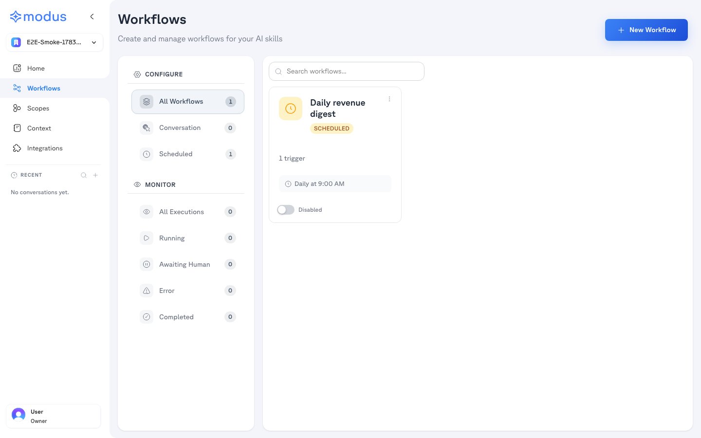 The Workflows page with a scheduled workflow card and the Configure/Monitor sub-navigation