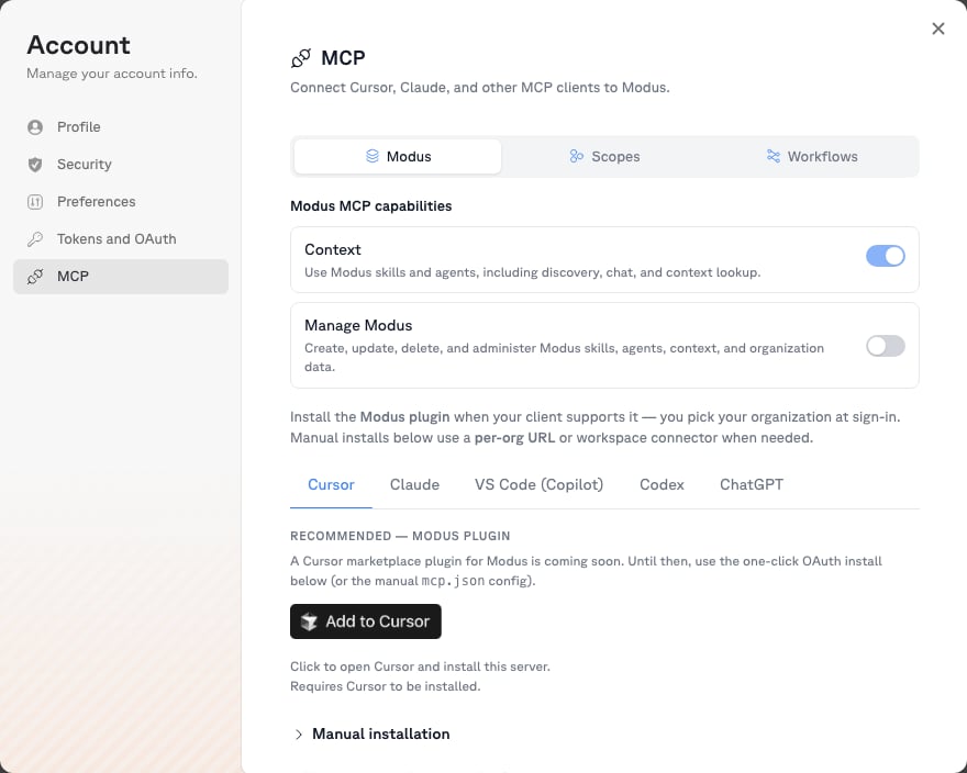 Account → MCP page: Modus/Scopes/Workflows selector, capability toggles, and per-host install tabs