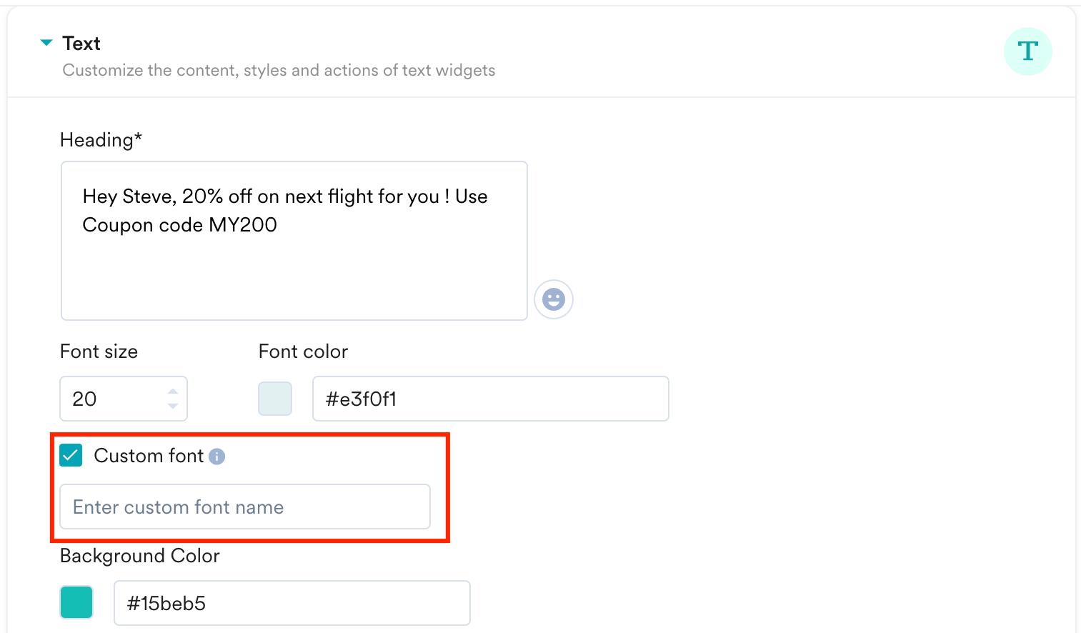 Screenshot showing the Custom font check box and text box