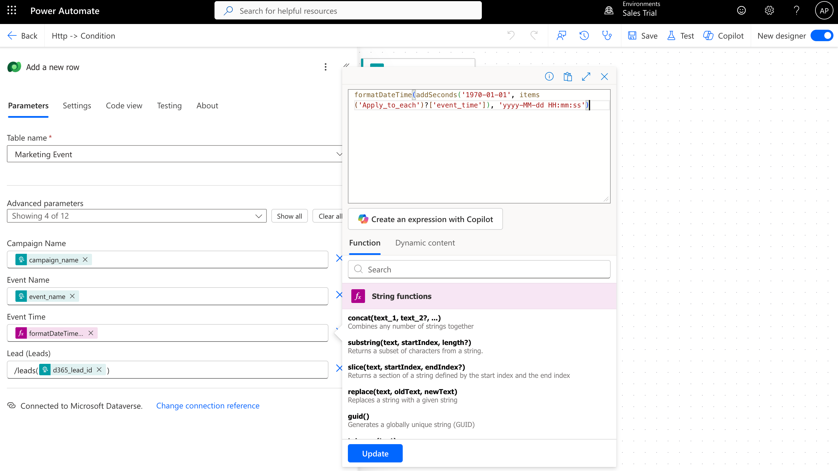 Power Automate expression editor with the Unix-to-DateTime conversion formula