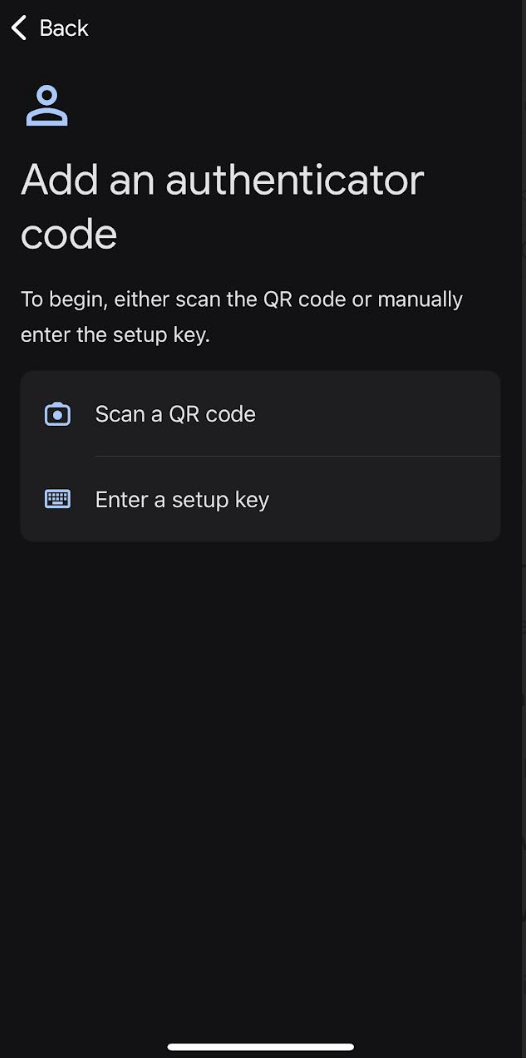 Add authentication code screen