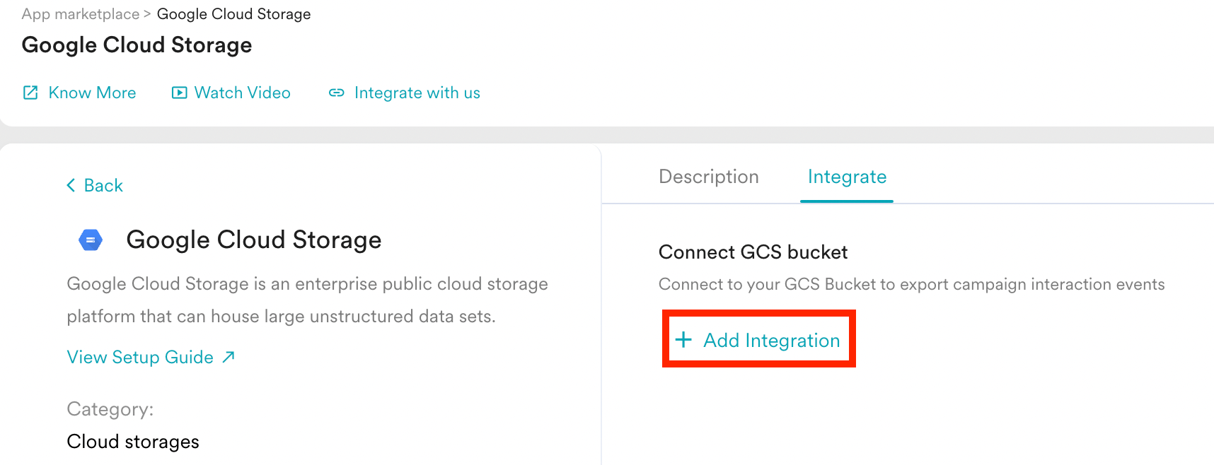 Add Integration option on the Google Cloud Storage Integrate tab