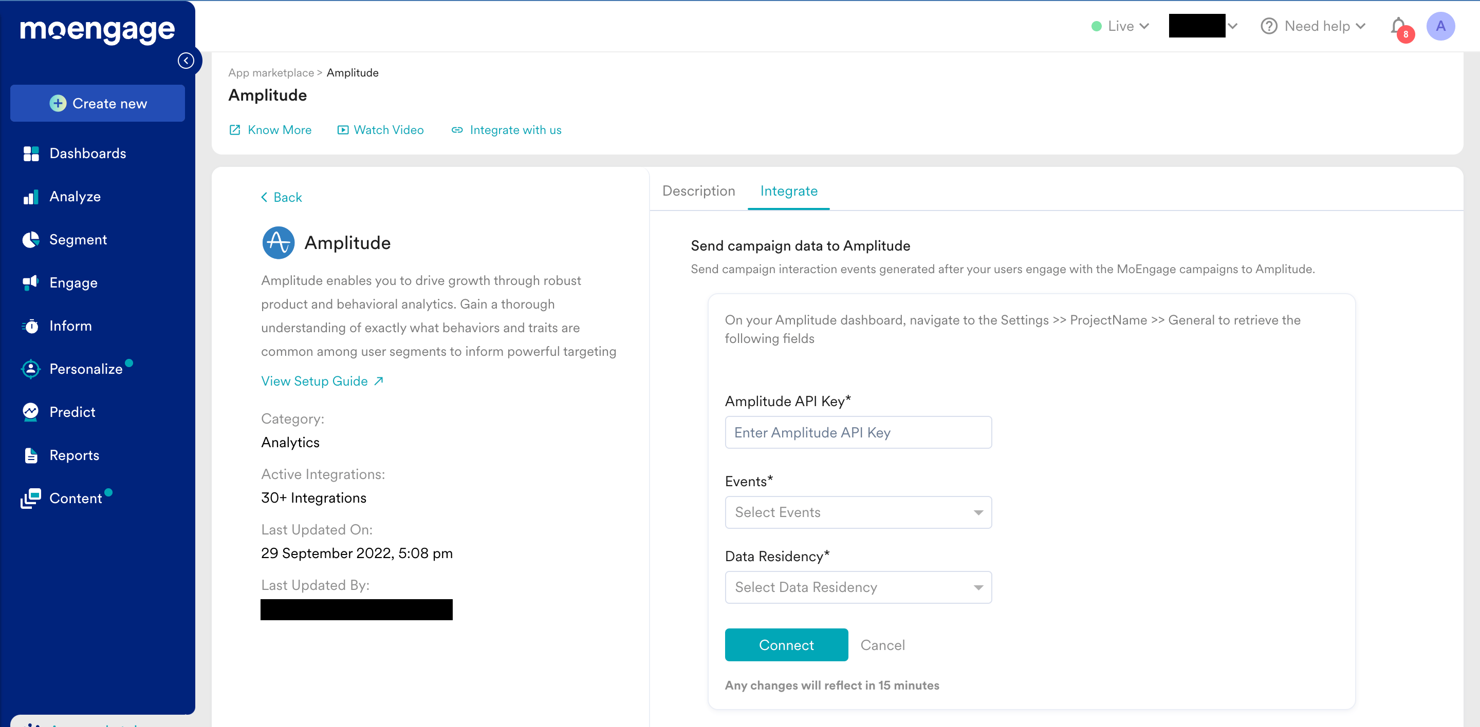 Amplitude integration tile in the MoEngage App Marketplace