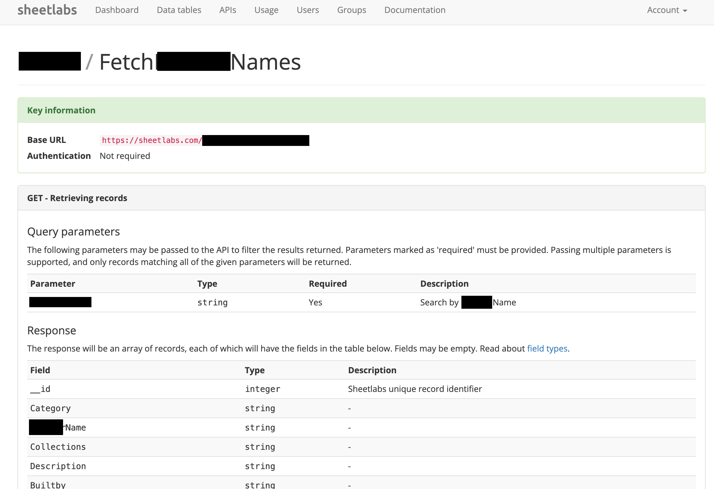 Sheetlabs API Details page showing the Base URL