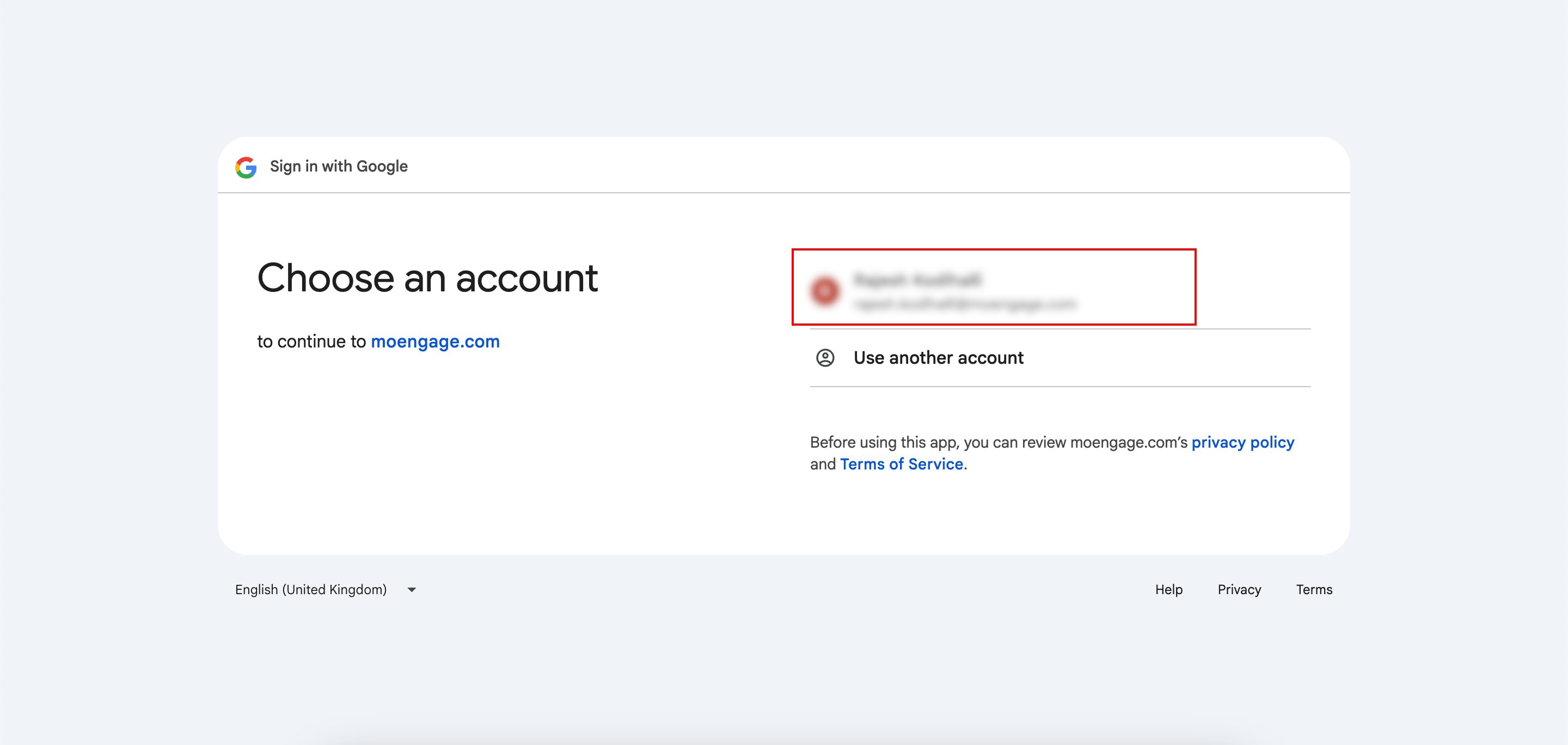 Choose an account page