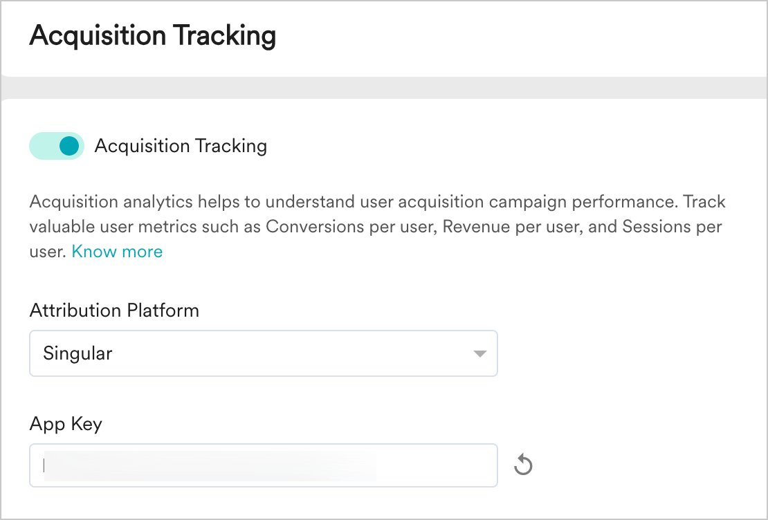 Acquisition Tracking settings with Singular selected and App Key generated