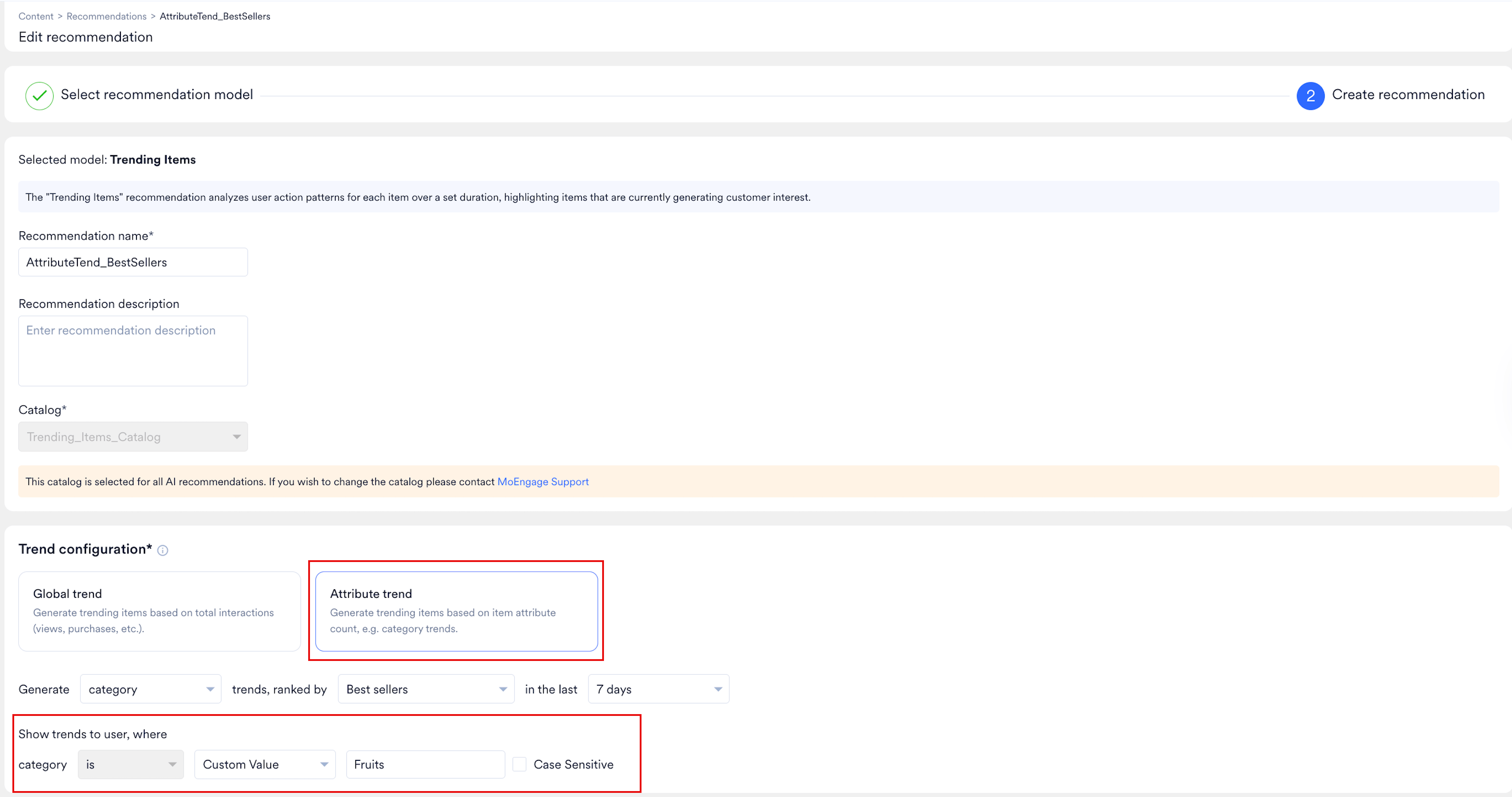 Configure the trend type and trend source for a Trending Items recommendation