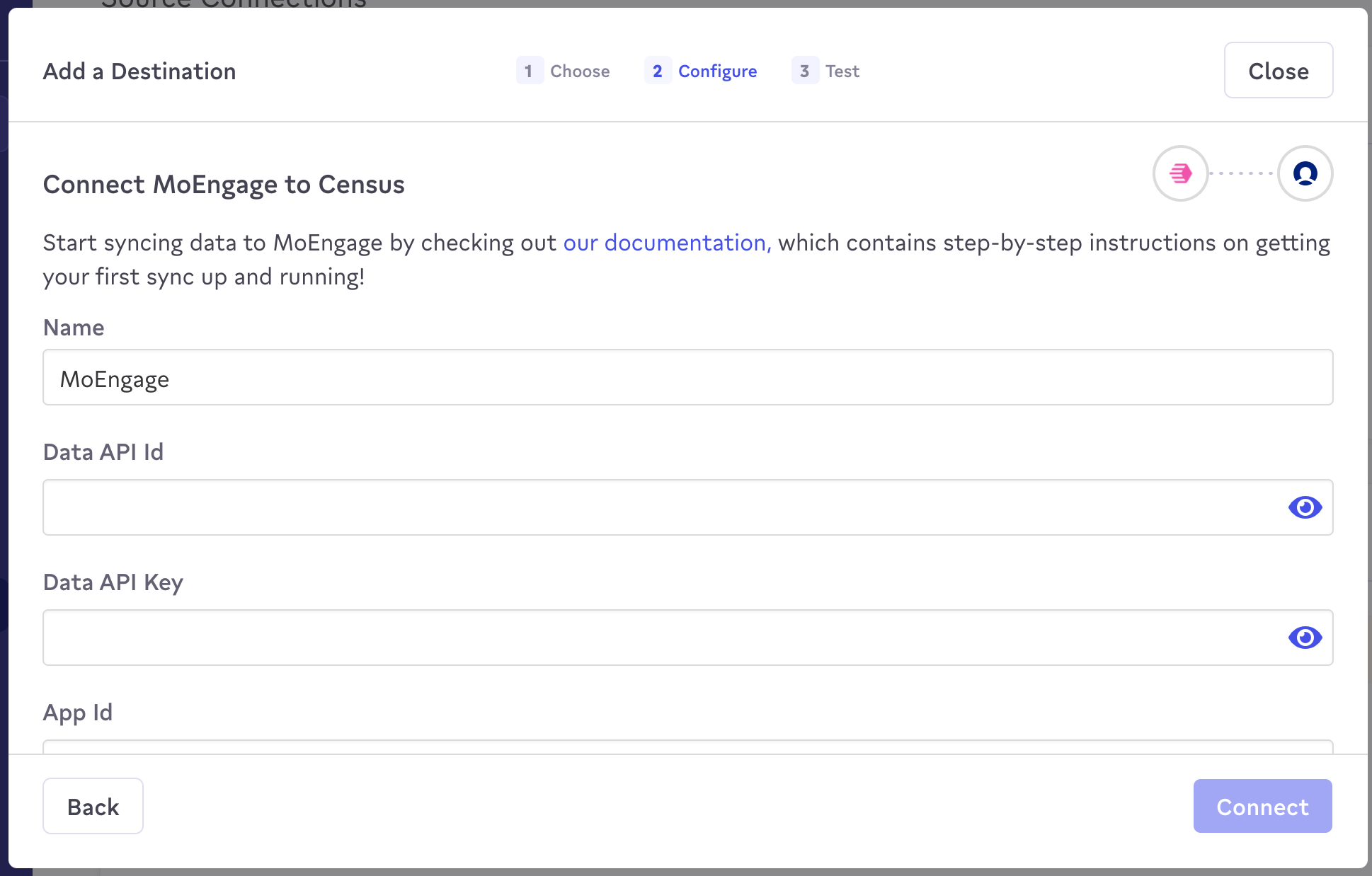 Configuring MoEngage destination credentials in Census